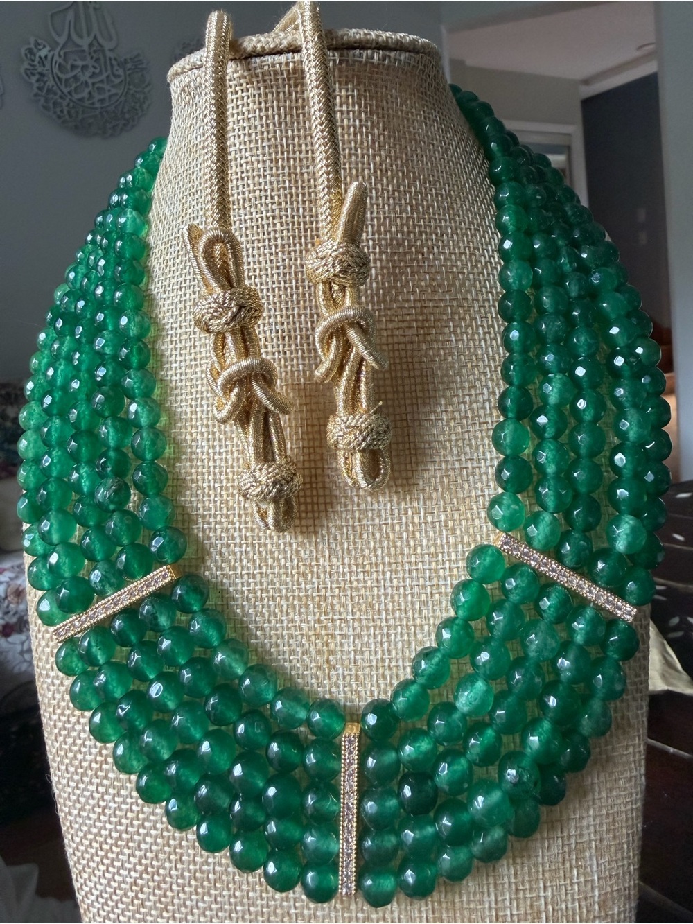 Multi-Strand Emerald Green Faceted Bead Necklace with Gold Accents
